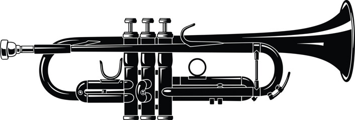 Trumpet silhouette vector illustration, brass musical instrument isolated on white background, classic jazz orchestra performance equipment design element