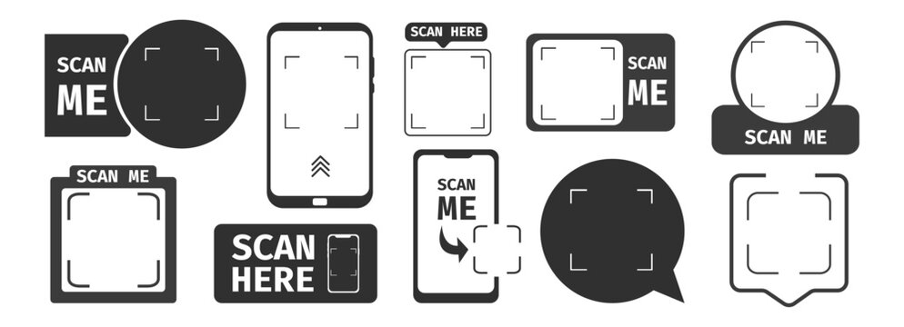 Scanning frames Qr codes stickers and scan me phone tag inscription. Phone arrow, borders. QR code mockup, layout. Qr code for payment, e-wallet, web, mobile app. UI UX design element set