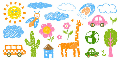 Colorful childlike drawing featuring sun clouds animals and plants © Ruhidas