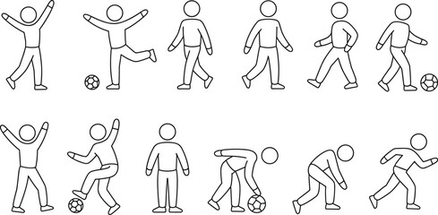 Vector outline stick figure set featuring diverse human poses including soccer players, karate actions, running, and group icons holding flags for achievement or protest. © Mahamudul