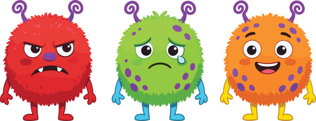 Cute colorful monster cartoon characters set, funny furry alien mascots with different emotions, vector illustration isolated background