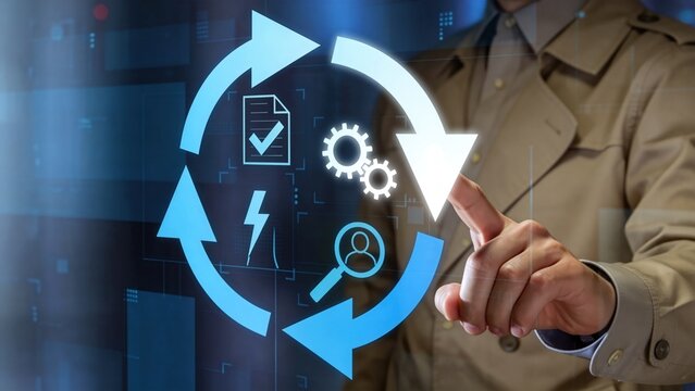 Business professional interacting with circular workflow interface,process optimization and document management automation concept,digital transformation strategy