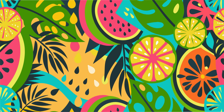 A vibrant colorful pattern of tropical fruits and lush green leaves