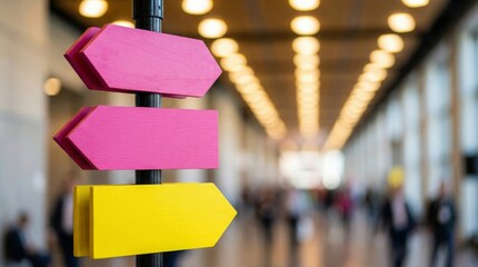 colorful directional arrow signs in bokeh indoor hallway