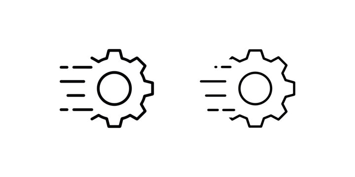 Speed gear icon set in outline style representing fast processing rapid manufacturing efficient mechanical performance and automated industrial workflow