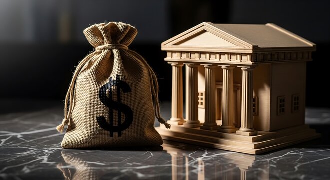 A miniature model of a bank building next to a bag of money