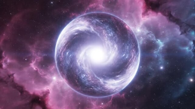 A celestial scene depicts a swirling nebula surrounding a bright orb within a star-filled cosmos