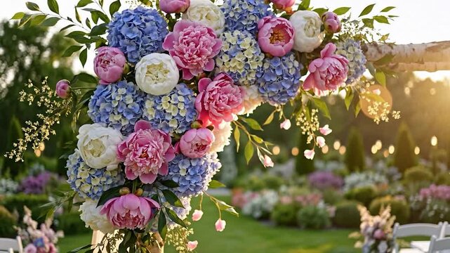 Beautiful floral arch adorned with pink peonies and blue hydrangeas in a serene