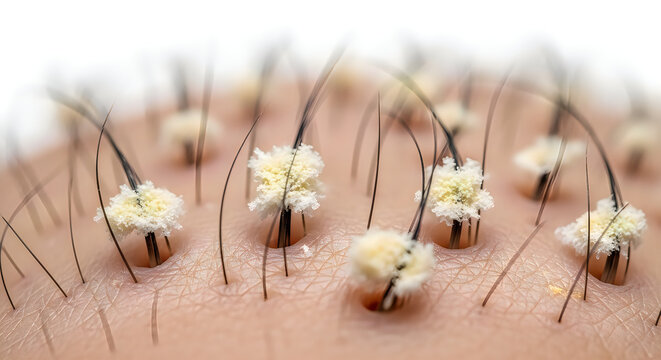 Close-up of hair with dandruff flakes and split ends, realistic texture, isolated on skin background, medical and beauty concept