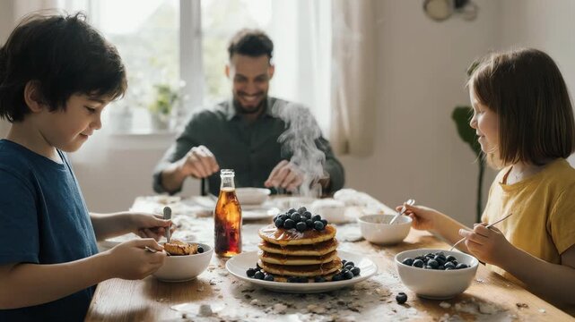 Morning Pancake Mess. Home Cooking & Family Bonding in the Kitchen. Family / Breakfast. two siblings competing to pour blueberries onto a stack of pancakes while a parent watches in the background
