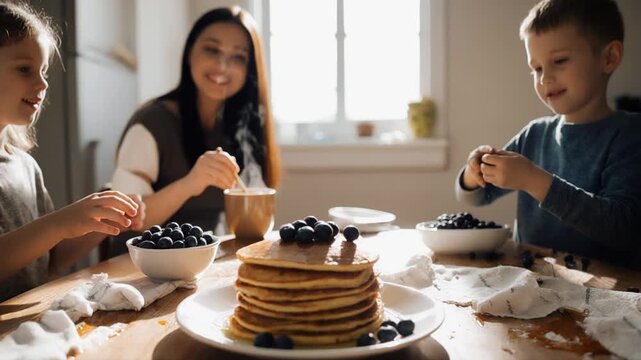 Morning Pancake Mess. Home Cooking & Family Bonding in the Kitchen. Family / Breakfast. two siblings competing to pour blueberries onto a stack of pancakes while a parent watches in the background
