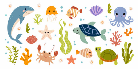 Cute cartoon marine life illustration with a whale jellyfish and turtles © Bivuti