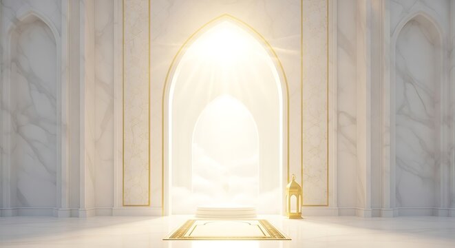 Serene marble hallway with ornate golden archway, bathed in divine ethereal light, leading to heavenly clouds, representing hope and spiritual journey. ramadan