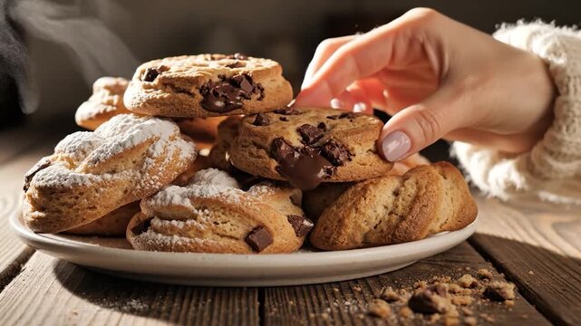 A hand reaches for a warm chocolate chip cookie from a delicious pile on