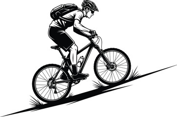 Fototapeta premium A detailed black and white illustration depicts a cyclist riding a mountain bike uphill through grassy terrain showcasing athletic activity