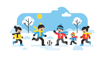 Fototapeta premium Five happy children playing soccer in a snowy winter landscape, wearing warm clothes and having fun outdoors.