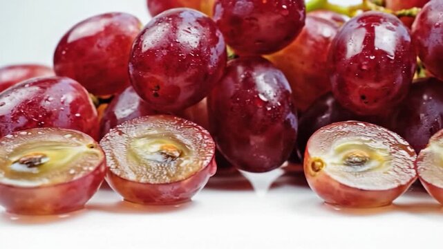 Fresh red grapes with water droplets on a white background, some cut in half