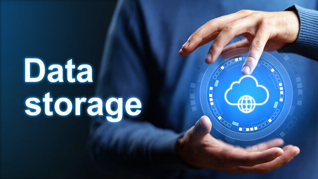 Hands display a digital concept of data storage with a cloud symbol on a dark background