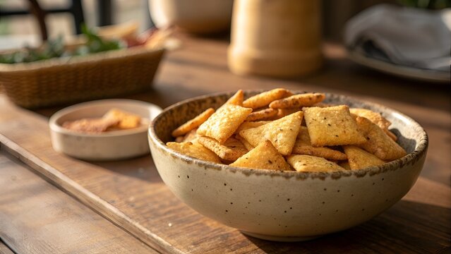 Crispy Indian Namak Para Savory Snack in Rustic Bowl on Wooden Table