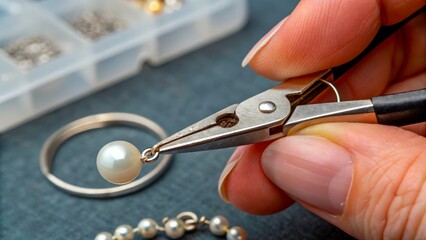 Creating a pearl earring using pliers and a metal loop in a jewelry workshop setting
