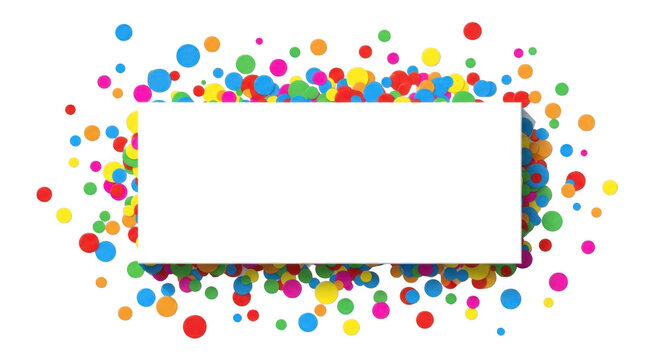 Bright polka dots and confetti surround a blank frame for text