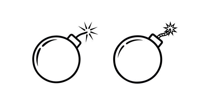 Cartoon bomb icon with lit fuse exploding or about to explode danger symbol simple line art vector graphic