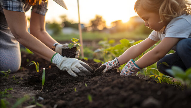 Mother and Child Preparing Soil Together in Garden