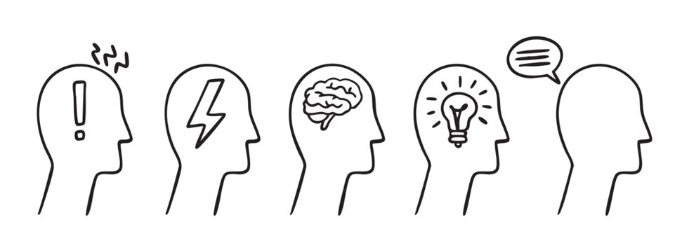 Minimalistic heads, hand drawn symbol set brain bulb mind, intelligent, sketch avatar idea cognitive, learning vector icon
