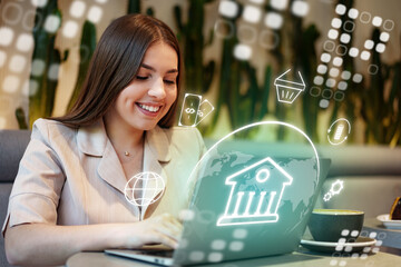 Banking invoice payment process by a woman using a laptop in a modern workspace