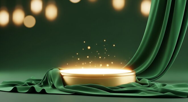 Elegant golden podium stage draped with rich emerald velvet fabric, illuminated by magical sparkling particles and soft bokeh lights, perfect for award ceremonies or product displays. ramada