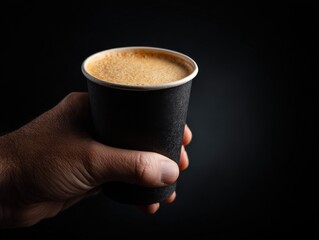 hand holding coffee cup isolated on a black background