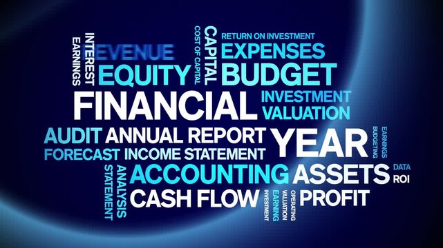 Financial Year animated word cloud-text design animation tag kinetic typography seamless loop.