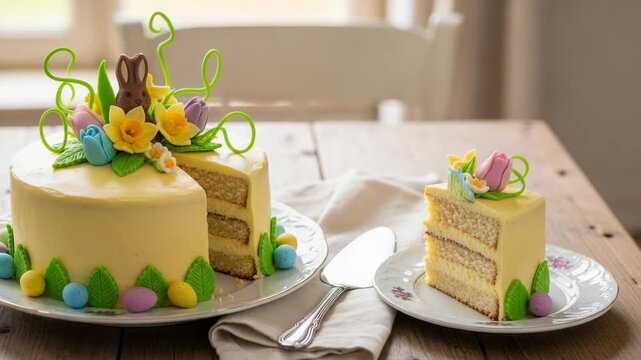 Easter cake decorated with flowers and colorful chocolate eggs  