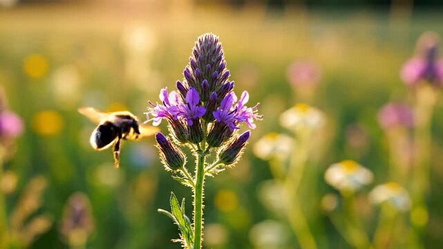A fuzzy bee approaches a vibrant purple wildflower in a sunlit meadow during