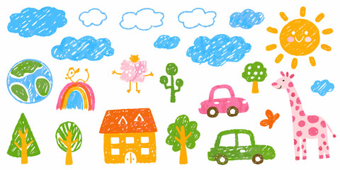 Fototapeta premium A child s crayon drawing featuring a sun clouds and playful elements