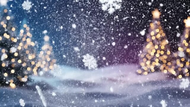 Festive winter wonderland scene with falling snow and blurred Christmas trees