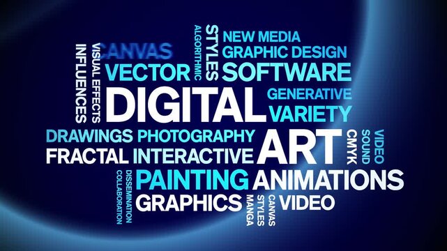 Digital Art animated word cloud-text design animation tag kinetic typography seamless loop.