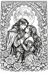 Fototapeta premium Highly detailed line art of a romantic couple in ornate clothing sharing an intimate embrace beneath a glowing full moon, framed by roses and ivy in a gothic garden archway.