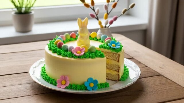Easter cake decorated with flowers and bunny in spring setting  