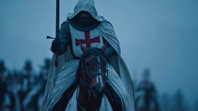 Medieval Knight in Full Armor Wearing a Templar Cloak and Red Cross Emblem, Mounted on a Horse During a Battle Reenactment or Historical Event