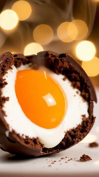 Vertical chocolate egg dessert with creamy filling. Close-up view shows rich flavors and textures. Warm steam creates cozy atmosphere for sweet indulgence. Perfect for festive occasions.