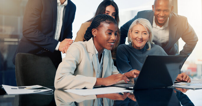 Business people, smile and review in office with laptop, good news and proposal for investment deal. Happy, team and meeting in workplace with computer, email or idea for capital funding opportunity.