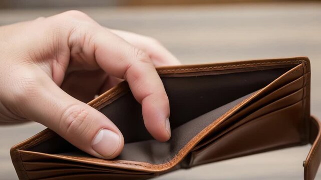 Hand reaching into empty brown leather wallet on wooden table  
