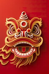 Fototapeta premium Stylized lion dance head drawn in fine golden line art, light 3D foil shine, matte red background, elegant festive poster