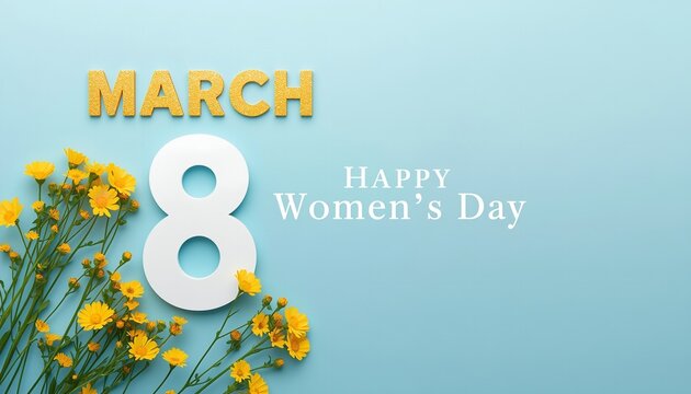 Happy womens day design with bold text large number 8 yellow flowers and blue background celebrating march 8 equality and empowerment