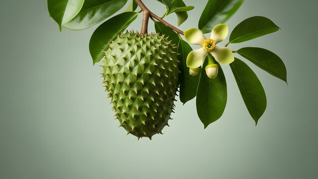 Hanging soursop fruit on branch with leaves and blooming flower on light green background