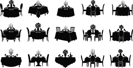 Obraz premium Dining table silhouette illustration, romantic dinner artwork, formal dining design tribute, event planning concept, restaurant decor graphic, hospitality theme flat vector illustration