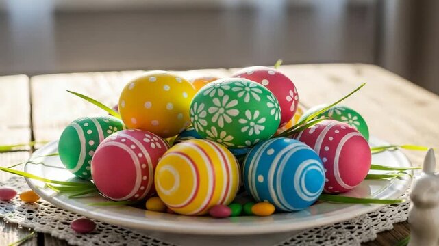 Colorful decorated Easter eggs arranged on a plate with grass  