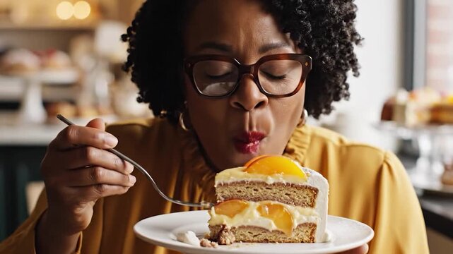 A happy African American woman enjoys a delicious slice of peach cake in a cozy