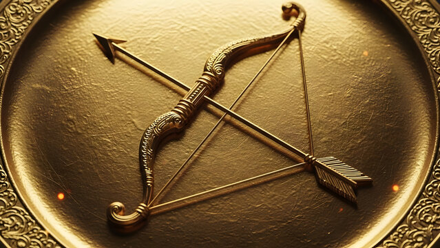 Vector design of Dhanush (bow) and arrow embossed deeply into a textured 3D gold plate. Spiritual high-detail asset. Exquisite ornamental background.
